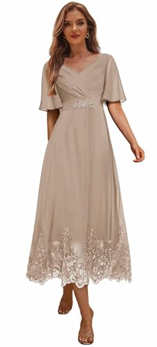 Tea Length Mother of The Bride Dresses for Women V Neck Beaded Chiffon Evening Formal Dress with Sleeves Short