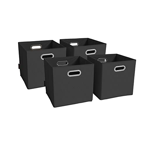 JIAessentials Medium 12-inch Black Foldable Diamond Patterned Faux Leather Storage Cube Bins Set of Four with Handles with Dual Handles for living room, bedroom and office storage