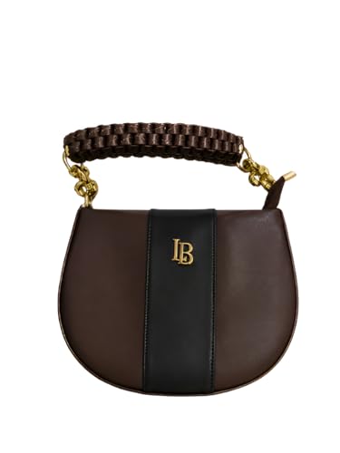 Image of LB Women's Saddle Shoulder Bag, Brown and Black, Braided Handle with Gold-Tone Hardware