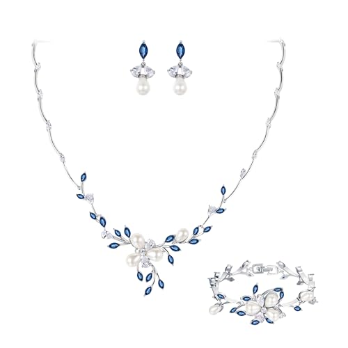 EVER FAITH Marquise CZ Simulated Pearl Bridal Flower Leaf Filigree Necklace Earrings Bracelet Set