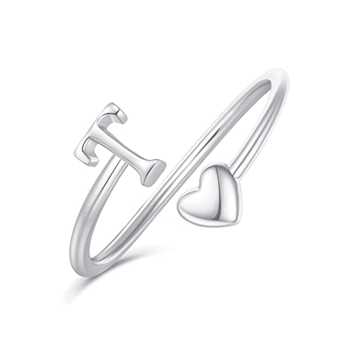 Heart Initial Rings for Women Teen Girls, Silver Rings for Women Teen Girl Gifts Trendy Stuff Adjustable Letter T Initial Ring for Kids Girls Birthday Gifts for Daughter Mom Sister Wife Grandma