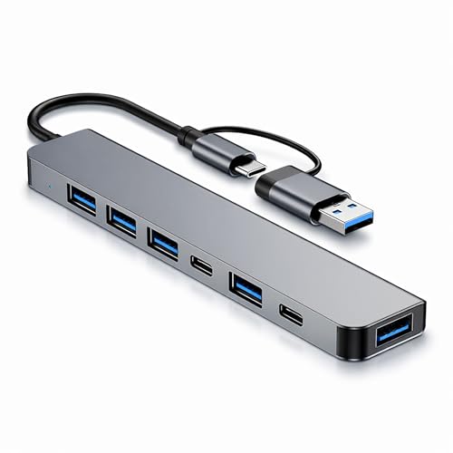 Boulton USB Hub 3.0-7 in 1 USB C Hub Multiport Adapter with 2x USBC Data Ports 1x USB3.0 and 4xUSB 2.0 – Type-C Docking Station, USBC Adaptor for MacBook Windows Laptops PS Tablet