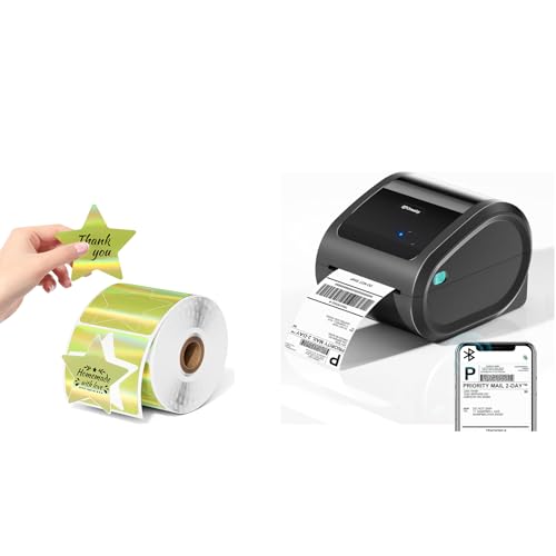 Image of Bluetooth Shipping Label Printer 4x6 with 500 Sheets 3 Inch Golden Star Holographic Thermal Labels, Thermal Label Printer for Small Business, Thermal Printers with Built-in Label Holder