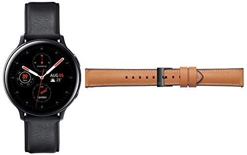 Image of Samsung Galaxy Watch Active 2 (Bluetooth + LTE, 44 mm) - Black, Steel Dial, Leather Straps + Free Leather Strap (Tan) Worth INR 2500