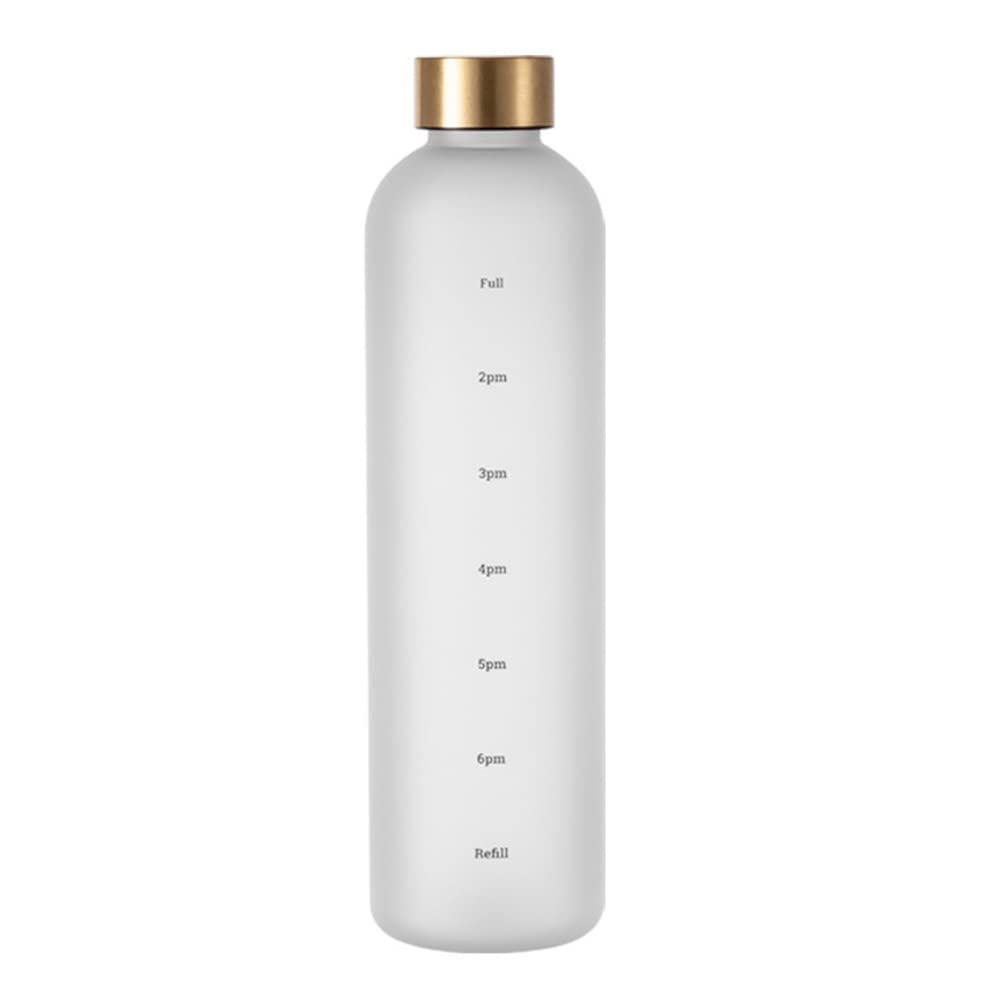 Zhemessy 1L Water Bottle with Time Marker 32 OZ Motivational Reusable Fitness Sports Leakproof Frosted Plastic Bottle White