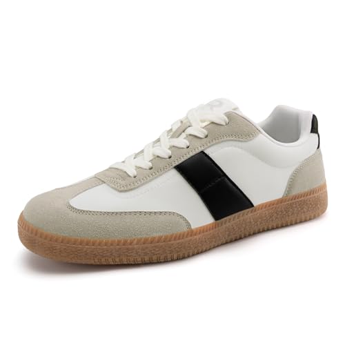 Rihero Men's Fashion Sneakers Comfortable Tennis Walking Shoes Lace-Up Non Slip Skate Casual Sneakers White Black Size 10.5