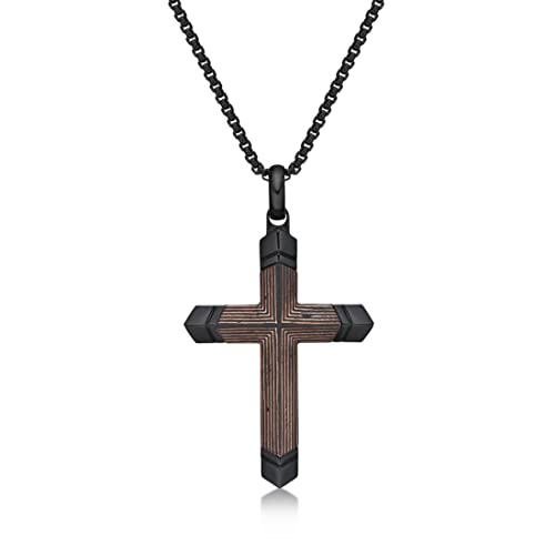 Metro Jewelry Carbon Fiber And Copper Foil Cross Pendant Necklace For Men In Stainless Steel With Black Ion Plating On 24 Inches Long Box Chain #TOP27