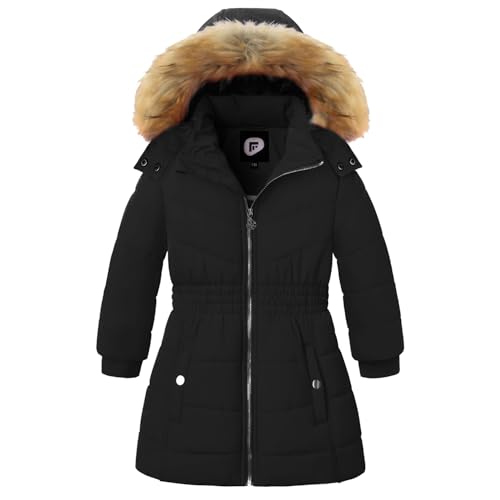 Image of Garemcy Girls Winter Coat Long Warm Waterproof Fleece Lined Puffer Jacket With Detachable Hood & Fur Trim Black 11-12Y