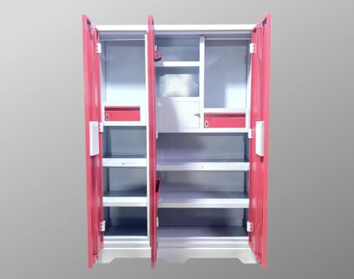 Image of MKFURNITURE Steel Almirah Wardrobe 3 Door with Mirror Cupboard | Wardrobe Storage Rack Closest Organizer for Clothes | 2 Hanging Space and 2 Drawer, 2 Document Lock Locker | Modern Storage Wardrobe