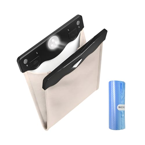 Image of Yourkar Car Hanging Trash Can, Magnetic Closure LED Light Auto Trash Bag Storage Pocket, Collapsible Waterproof Leather Hanging Trash Can with Disposable Trash Bag, Car Accessories (Beige)