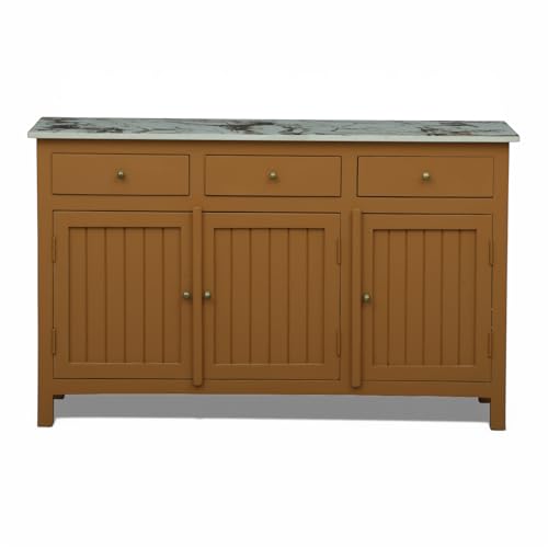 Image of Madrid Solid Wood Sideboard Cabinet with Sintered Stone Top for Living Room | Premium Acrylic Terracotta Brown | 130x40x80 cm