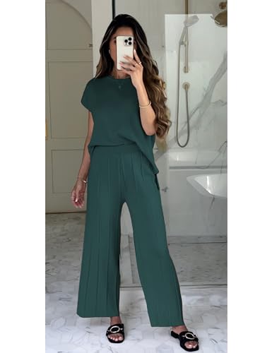 Women Knit 2 Piece Sweater Sets Pullover Tops High Waist Wide Leg Pants Lounge Set2