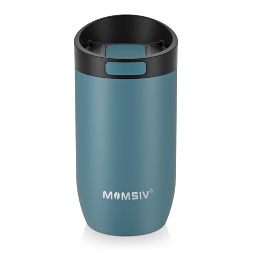 MOMSIV Travel Mug, 350ml Stainless Steel Insulated Coffee Cup with Push Button Lid, Vacuum Reusable Leakproof Double Wall Travel Office Mug for Hot and Cold Drinks, DarkGreen