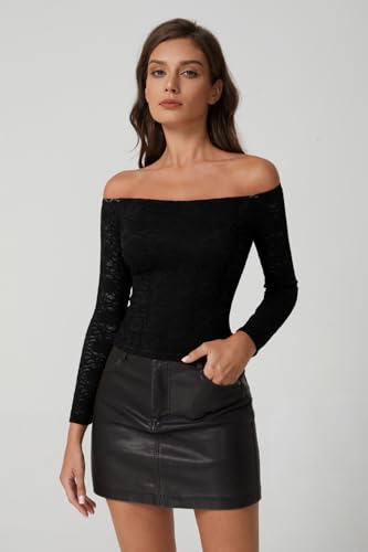 QINSEN Womens Lace Trim Off Shouder Top Long Sleeve Double Lined Y2k Trendy T Shirts2