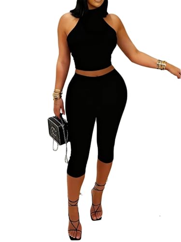 ENOPINK 2 Piece Outfits for Women Sexy Backless Halter Bodycon Capri Pants Sets Sleeveless Tank Crop Top Casual Tracksuit Black M