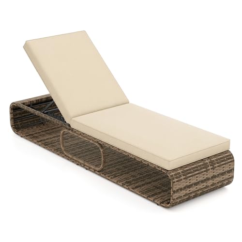 COSTWAY Chaise Longue Jardin Exterieur avec Coussin, Bain de Soleil Inclinable à 7 Positions, Charge 180 kg, Rotin PE, Rangement Inférieur, Transat pour...
