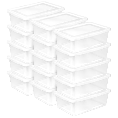 Image of Sterilite Storage Box Stackable Tote, White, 12 Quart, 15 Pack | Clear Plastic Container with Secure Snapping Lids for Home and Office Organization