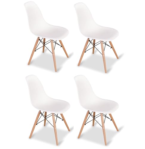 M1C - Pack 4 Sillas de comedor, Sillas de cocina estilo nórdico, Asiento ergonómico de pvc y piernas en madera de pino - Blanco