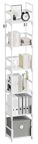 FIDUCIAL HOME 6 Tiers Tall Narrow Bookshelf Book Shelf Skinny White Bookcase Thin Slim Book Rack Storage Organizer Easy Assemble, Sturdy