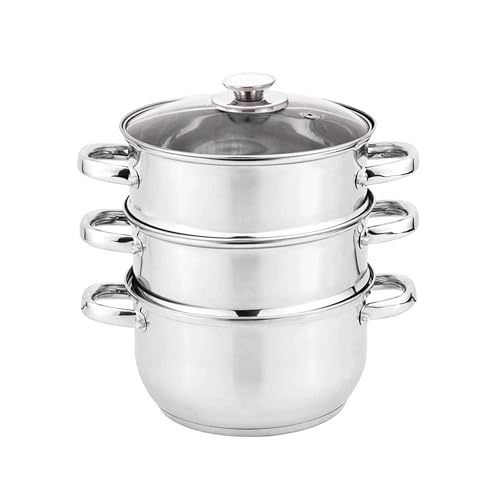 Cuiseur vapeur en acier inoxydable - 3 étages - 20 cm - Avec couvercle en verre - Convient pour l'induction - Pour Momos Dim Sum Légumes Idli - Faitout Steamer empilable avec autocollant Kajal