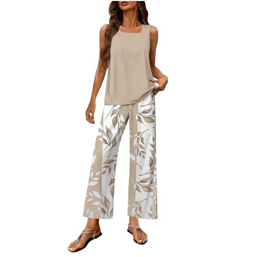 Two Piece Sets for Women Casual Travel Vacation Outfits Summer Tank and Floral Print Wide Leg Pants Lounge Set