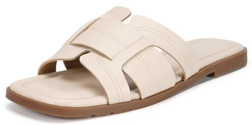 KUKTO Flat Sandals for Womens Dressy Summer Fashion Banded Shoes Slip On Open Toe Slide Sandal Casual Slipper with Soft Footbed Beige 41 EU=10 US