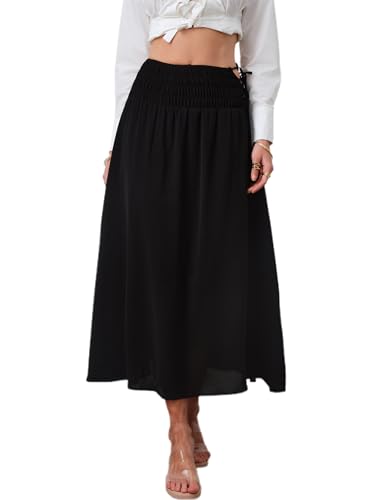 Women's Summer Side Tie Boho Maxi Skirt Shirred High Waisted Ruched Flowy Beach Long Skirts