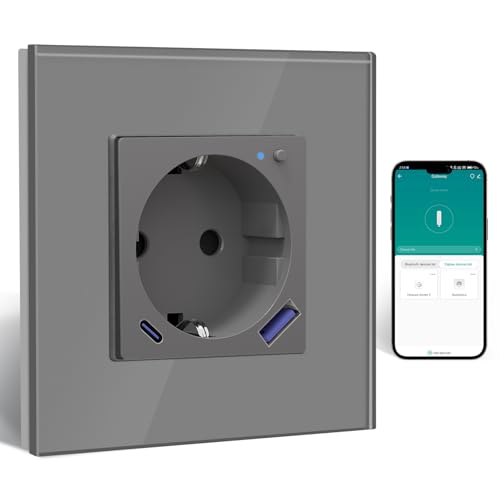 BSEED Enchufe ZigBee con Cargador Rápido USB C 20W con Medición de Corriente,Schuko WLAN Empotrada para Alexa/Google Home, Enchufe Inteligente 16A,1 Gang Gris(Requisito del Gateway Hub)