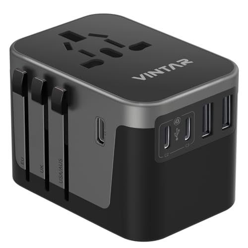 Universal Travel Adapter, VINTAR International Power Adapter with 6A 3 USB C and 2 USB Ports, All in One Travel Essentials Plug Adapter, Worldwide Outlet Converter for Europe UK USA AUS(Type C/G/A/I)