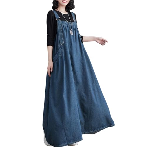 Denim Jumper Dress With Deep Pockets Maxi Length Loose Version Baggy Style Adjustable Straps Overall Dress