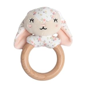 Pearhead Floral Bunny Wooden Baby Teething Ring, Natural Wood & Plush Infant Teether Rattle, BPA-Free Newborn Gum Soother, Easy-Grip Sensory Toy, 0 Months+