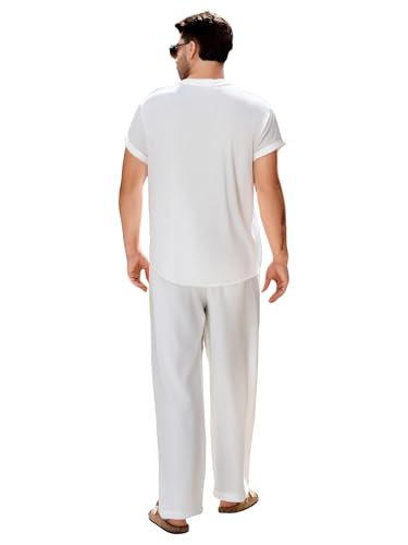 GORGLITTER Men's Linen Suit 2 Piece Set Beach Casual Short Sleeve Henley Shirts Loose Long Pants Summer Vacation Outfits2