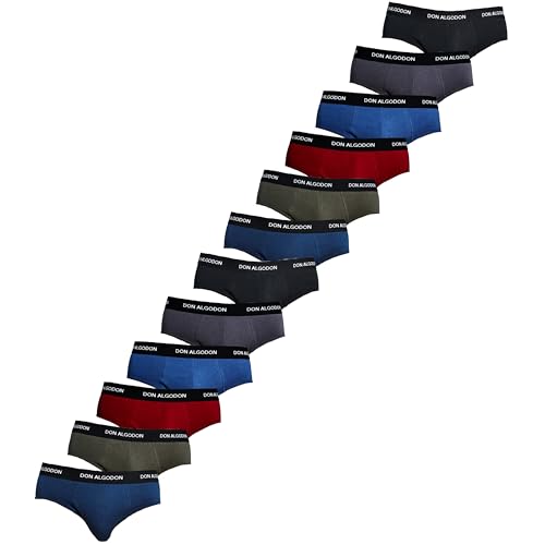 DON ALGODON | Pack 12 Slips Hombre Suaves, Transpirables y Resistentes (FR/ES, Letras, M, Regular, Regular, Marino/Verde/Granate/Negro/Azul/Gris)