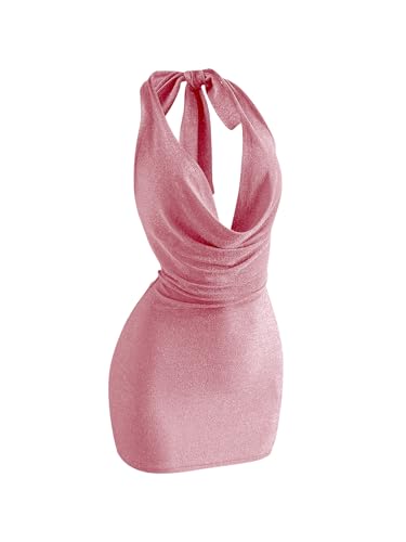 SOLY HUX Women's Shiny Deep V Neck Halter Bodycon Mini Dress Sleeveless Cocktail Prom Pencil Dresses Pure Pink Medium
