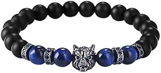 JewelryWe Black Onyx Stone Bracelet 8mm Beaded Links Wolf Head Bracelets for Men Women