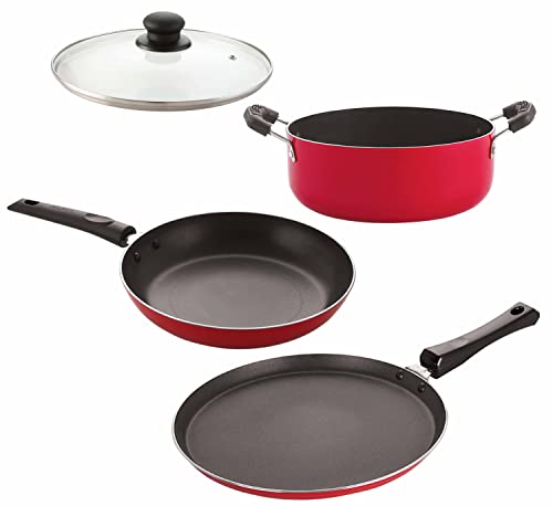 Image of Nirlon Non Stick Aluminium cookware Set of 4 Pieces Kitchenware Utensils Combo (Flat Tawa|Tapper Pan|Casserole|1 Glass Lid)-32mm FT12 TP22 CS13 1GLID