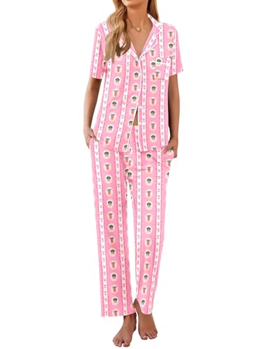 Image of Ekouaer Womens Pajamas Set Short Sleeve Button Down Top & Pants Lounge Pjs | Soft Sleepwear with long pants, ideal for Home relaxation, Wedding, Party, Daily Wear & Breastfeeding