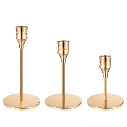 3 Pcs Bougeoir Doré, Bougeoirs Chandeliers Coniques, Bougeoirs Dorés en Métal pour Bougies Coniques, Décoration Intérieure, Centre de Table pour Mariage ou Réception (Style Cône Inversé)