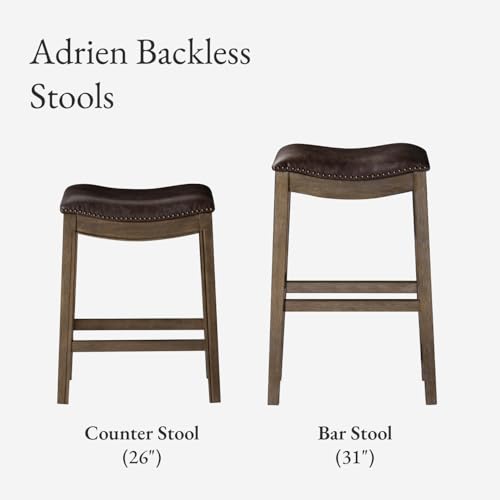 Image of Maven Lane Adrien Backless Counter Stool - Set of 3 - 26 Inches - Saddle Stool with Footrest - Brown Solid Wood Frame & Dark Brown Faux Leather Upholstery - Perfect for Kitchen Islands & Counters