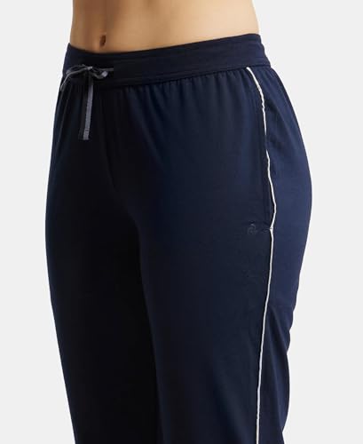 Image of Jockey 1305 Women's Super Combed Cotton Rich Relaxed Fit Mid Rise Trackpants with Contrast Side Piping and Pockets