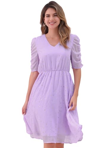 Image of Allegra K Chiffon Dress for Women's Metallic Stars Ruched Sleeve V Neck A-line Dress