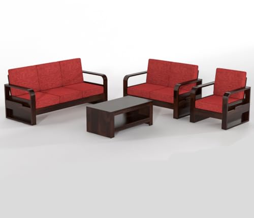 Image of Wopno Furniture Sheesham Wooden 6 Seater Sofa Set for Living Room | Solid Wood Sofa with Side Pocket Storage & Cushion | Rosewood Sofa for Home & Office | Lounge (Walnut with Red Cushion, 6 Seater)