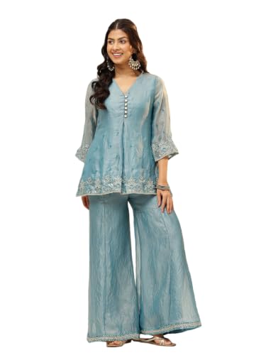 Image of Vbuyz Women Floral Embroidery Stylish A-Line Fandy Silk Kurta With Palazzo