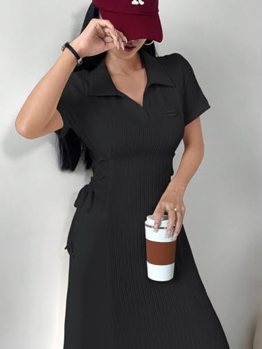 Image of Shasmi Women's Solid Color Applique Lace-Up Collared Short Sleeve, Side-Tie Waist Long Casual Maxi Women Dress Outfit Long Evening Midi Western Party Dress for Women (Dress 211)