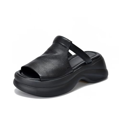 Women's Leather Wedge Slippers - 6cm Peep Toe Hollow Summer Platform Flats