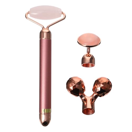 CTIRCHIU Rouleau de Massage Facial en Jade Naturel 3 Pièces Kit Électrique Visage Anti-rides Peau Éclatante Soins Beauté Rose Gold