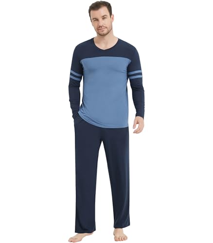 Image of NACHILA Mens Pajamas Set Viscose Made from Bamboo V Neck Top Sleep Pants | Elastic Waist with Drawstring,Soft ,Tagless Comfort,Moisture Wicking,All season Loungewear Set, Jogger Sweatpant,Match set