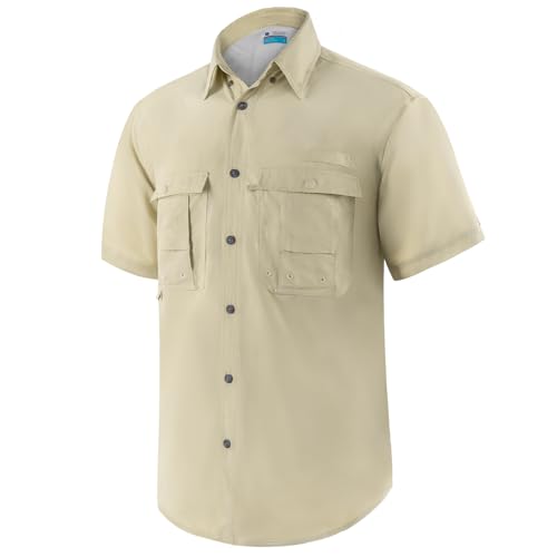 Men's Short Sleeve Fishing Shirts, Quick Dry UPF 50+ Sun Protection Shirts for Hiking, Camping, Beach (Khaki, Lake Blue)