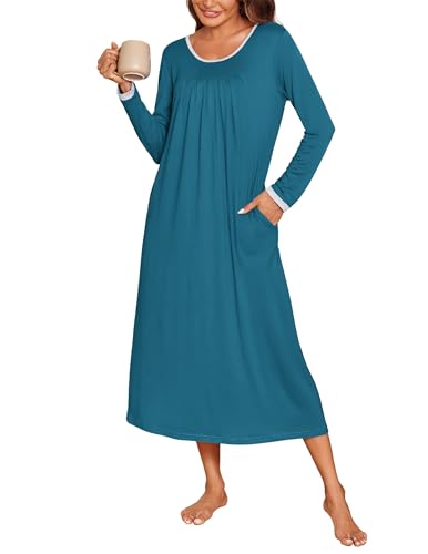 Ekouaer Women's Nightgowns Long Sleeve Night gown with Pockets Soft Ladies Nightdress Long Sleep Shirt Loungewear Blue Green