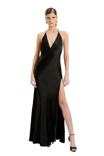 bardot yve v-neck halter open-back front-slit silky slip maxi dress Bardot Yve V-Neck Halter Open-Back Front-Slit Silken Slip Maxi Dress